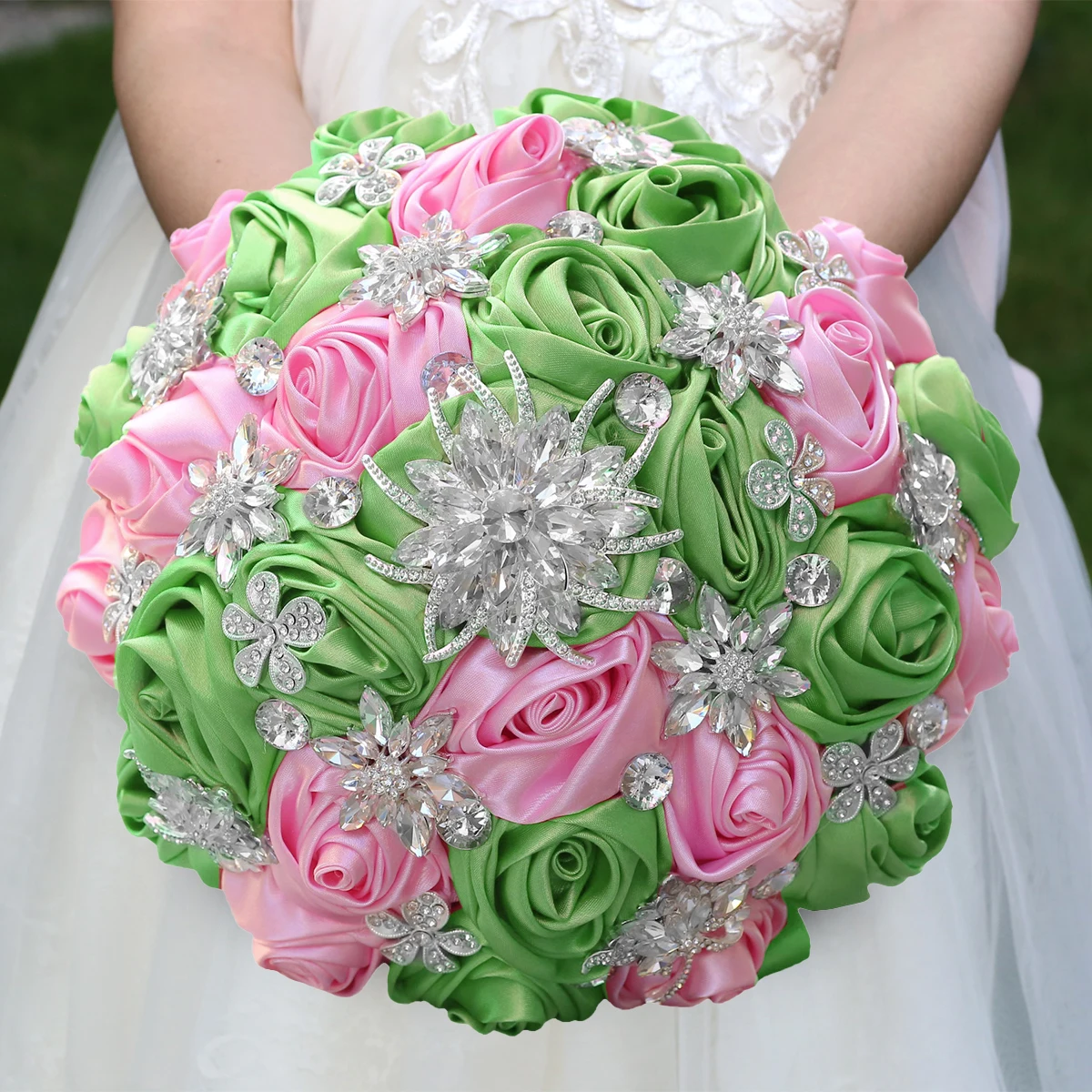 

Bridal wedding hand bouquet bridesmaid pink grass green rhinestone ribbon wedding rose hand bouquet of everlasting flowers W830