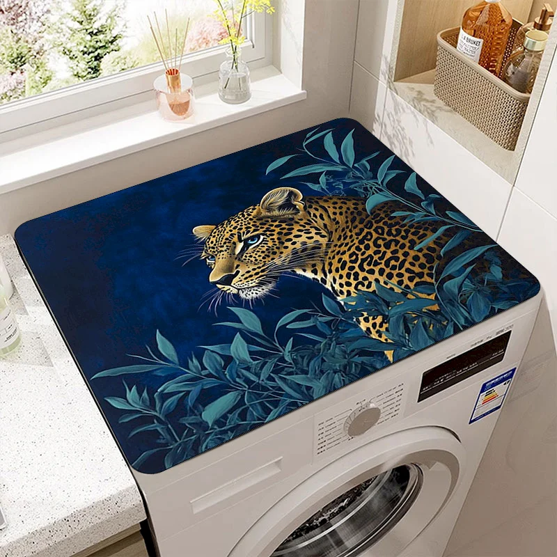 VIKAMA Washing Machine Top Cover Dust Pad, Jungle Leopard Tropical Plant Water Absorbing Anti Slip Pad, Dryer Home Decoration