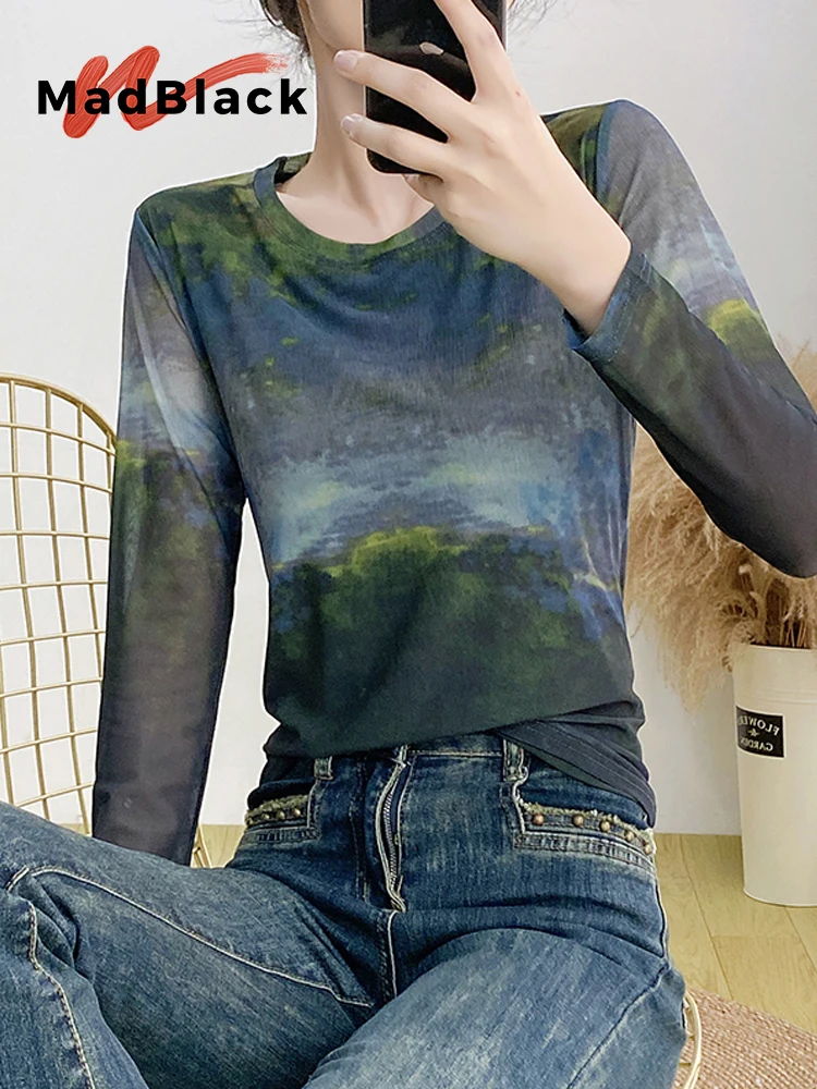 MadBlack-Women European T-Shirt, Sexy O Neck Geometry Print, Streetwear Long Sleeve Slim S-3XL Mesh Tee, 2025 Autumn T59301CC