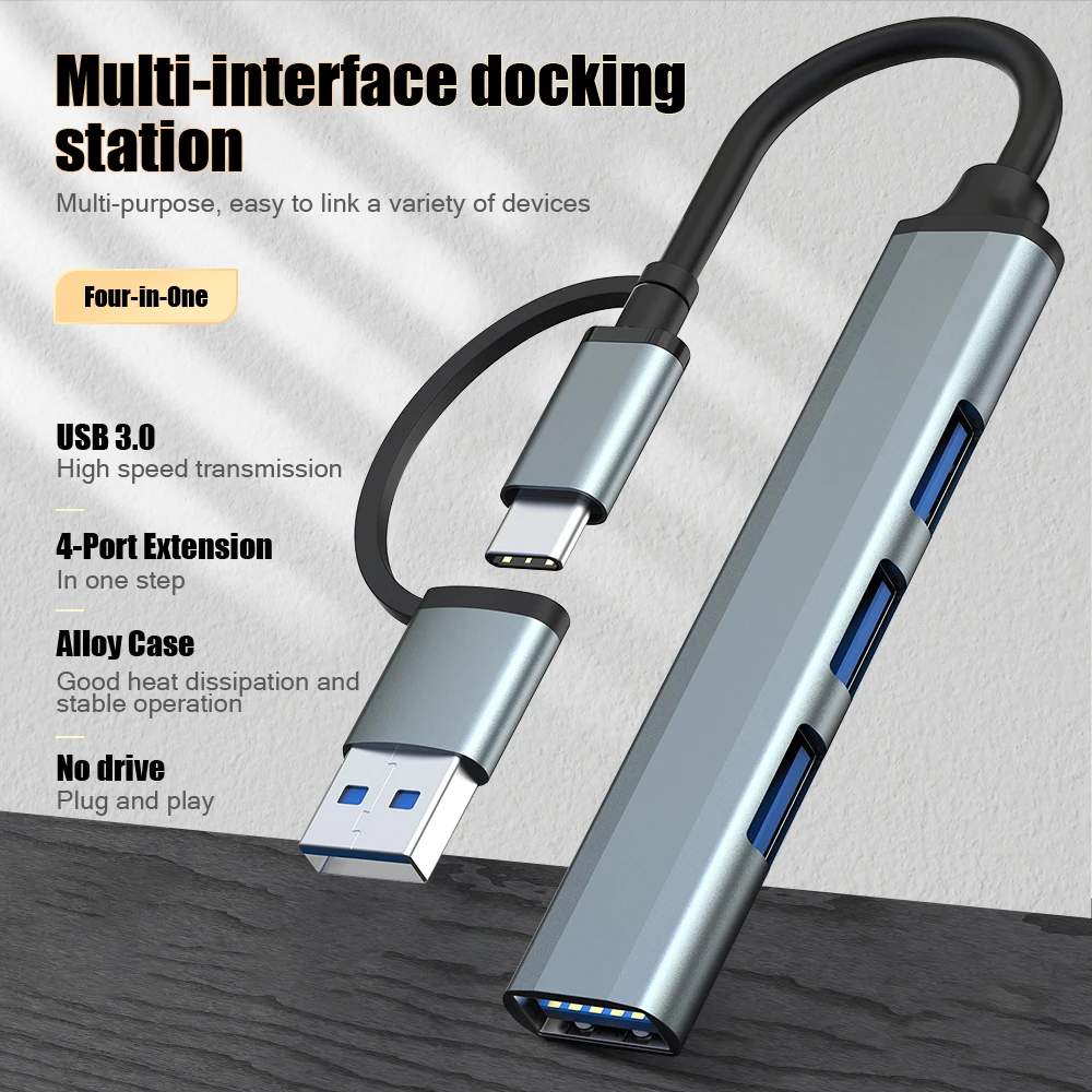4-in-1 USB C & USB A Hub to USB 3.0 + 3 USB 2.0 Ports Aluminum Alloy Docking Station Splitter Plug and Play for Laptop PC
