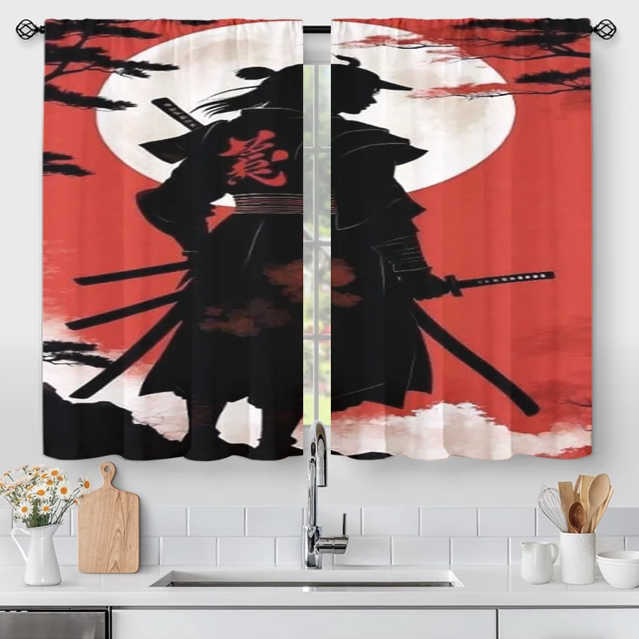 2PCS Digital Print Curtains, Samurai Warrior Silhouette Red Moon Cherry Blossom, Japanese Anime for Living Room Bedroom Decor