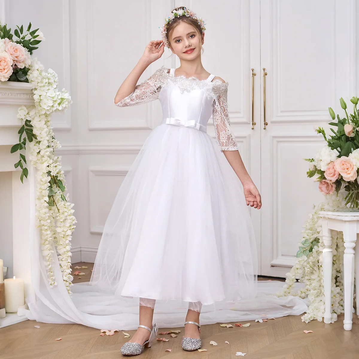 Teen Girl Fashion Lace Wedding Dress Off-shoulder Puffy Dress For Girls Baptismal White Dress Children First Communion Costume