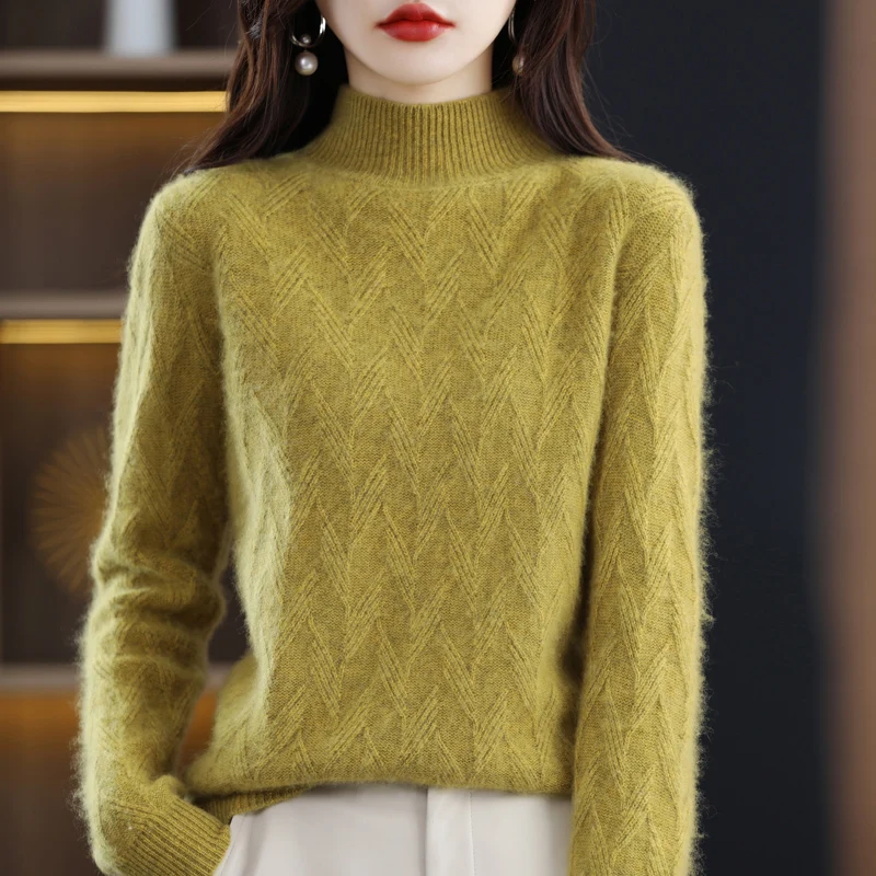 

Autumn and winter semi high neck wool sweater women's pullover sweater Korean version loose pure wool knitted bottom sweater