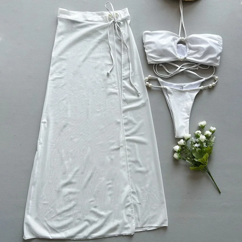 ชุดบิกินี่ 3 ชิ้นชุดสตรีชุดว่ายน้ําเซ็กซี่ Halter ลูกปัดมุก Micro บิกินี่ Lace Up กระโปรง 2025 ใหม่ชายหาดแยกชุดว่ายน้ํา