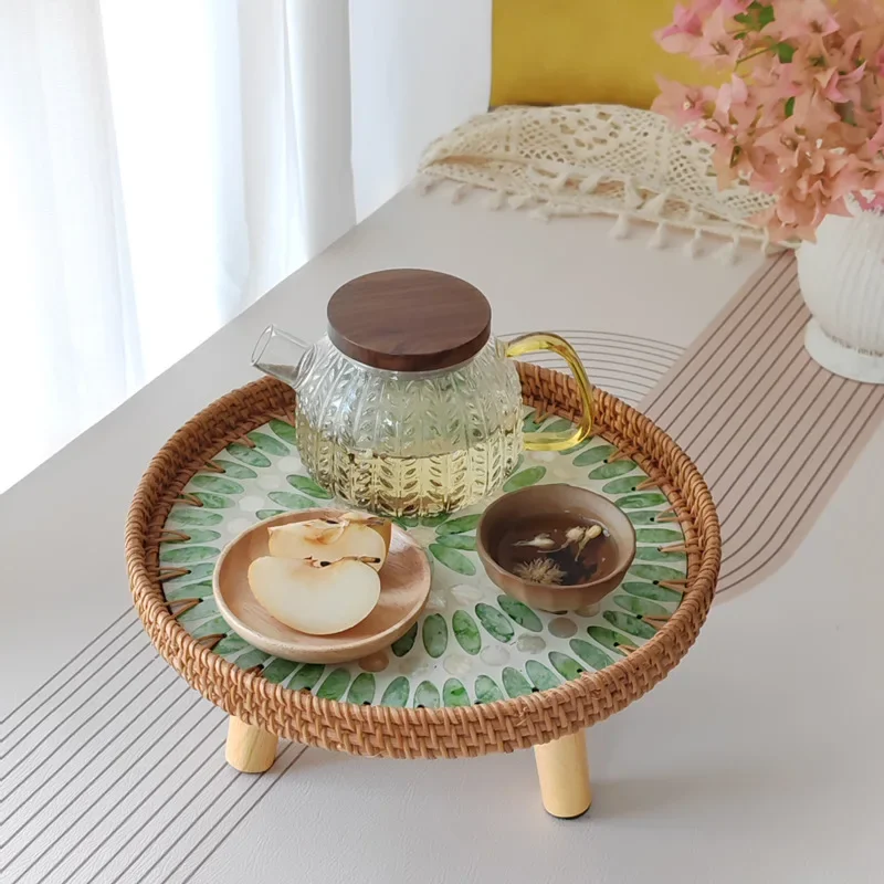 

Japanese Style Rattan Tatami Coffee Table Low-Profile Round Tea Table for Balcony Small Space Side Table for Meditation Room