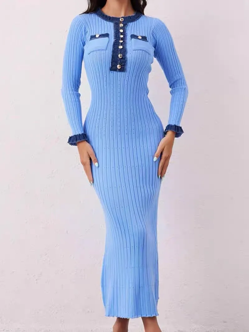 New Elegant Knitted Dress Autumn Winter 2024 Long-sleeved Slim Long Dress Streetwear Y2k