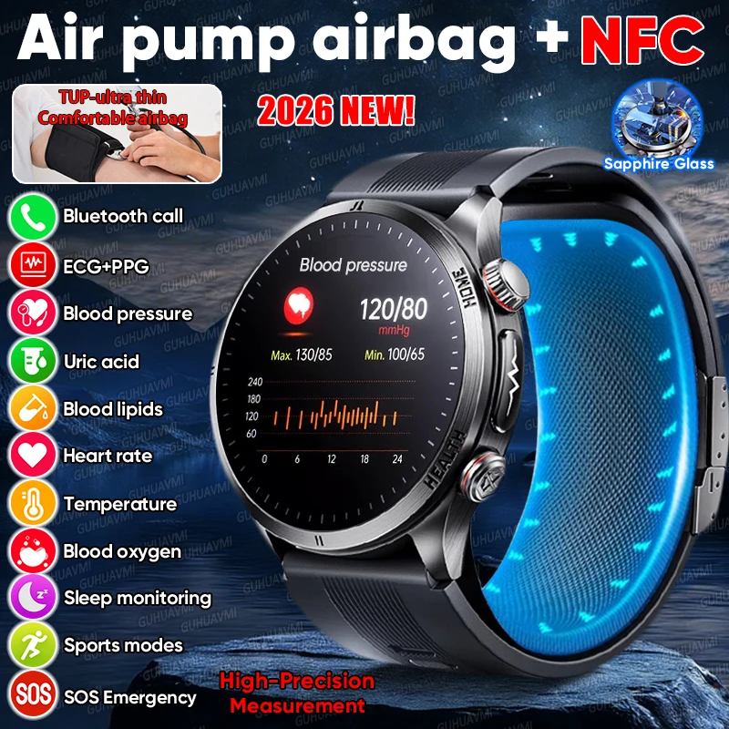 

Умные часы GUHUAVMI с функцией измерения давления, уровня мочевой кислоты, липидов в крови, ЭКГ, уровня кислорода в крови, частоты сердечных сокращений, с воздушной помпой и поддержкой Bluetooth-звонков.