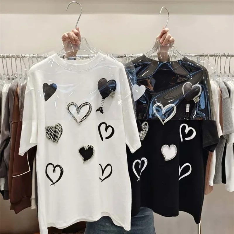 Fashion Women Love Heart Short Level T-shirt Summer New Youth Casual Loose Pullover Tops Female Round Neck Design Versatile Tees