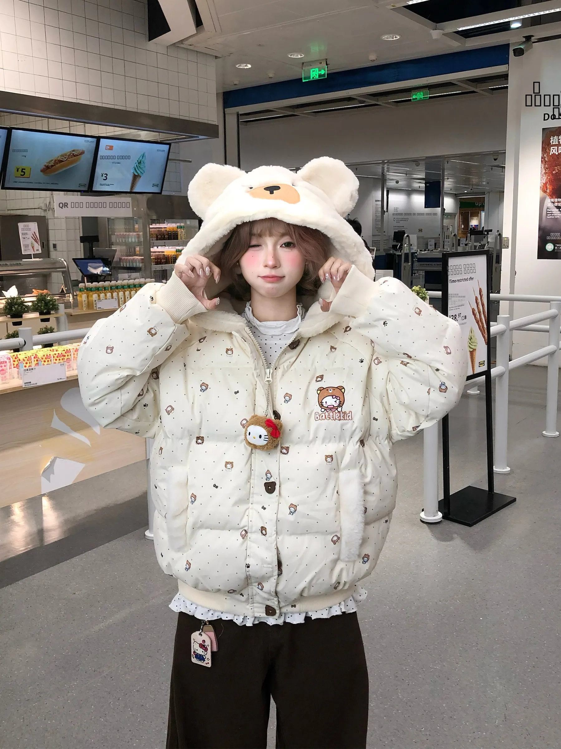 

Original Design Ka Polka Dot Cotton Jaet Pendant Cute Bear Hooded Thiened Bread Sle Autumn Winter Women's Coat