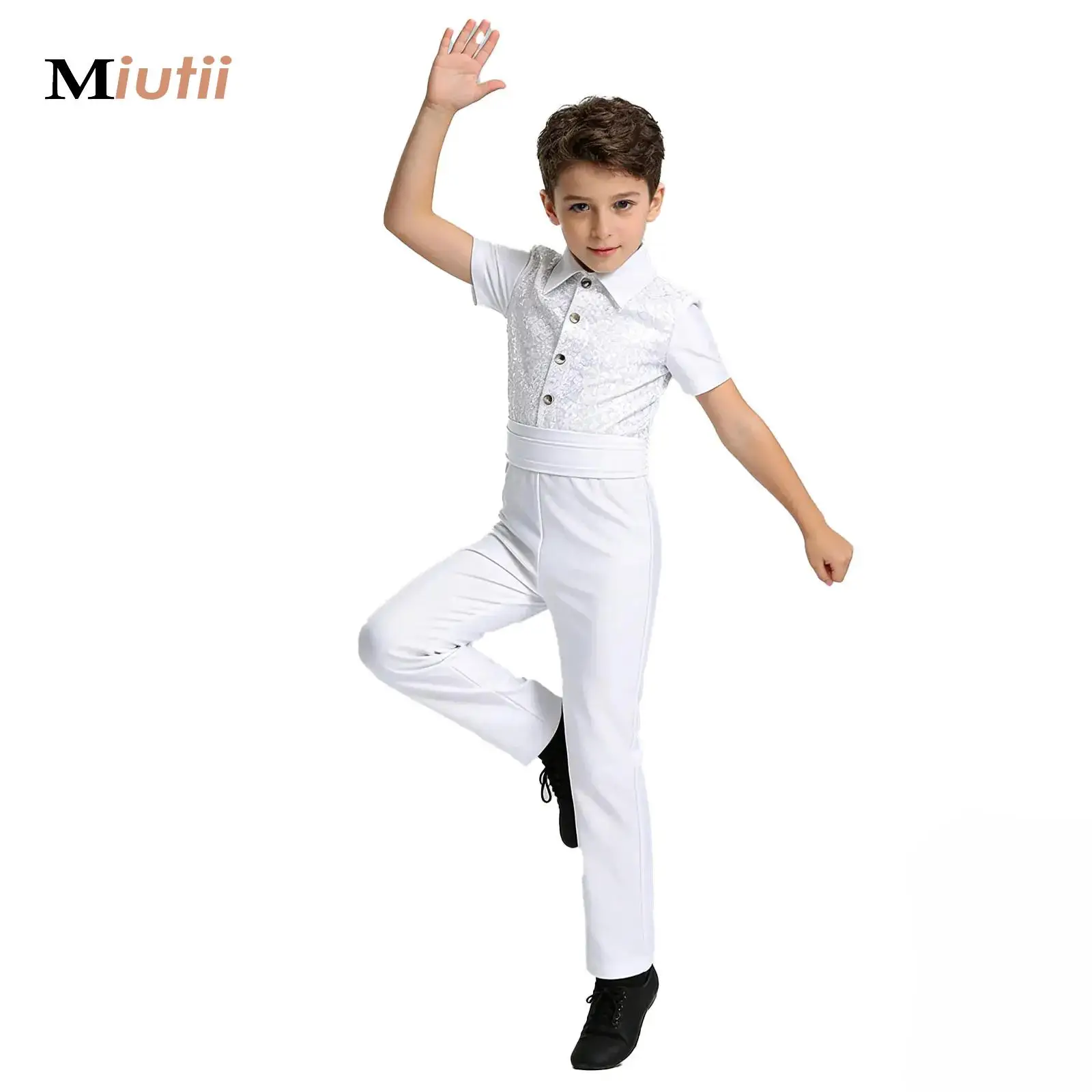 

Children Figure Skating Bodysuit Kids Latin Dance Leotard for Boys Short Sleeve Sparkle Sequins Rhythmic Gymnastics Leotard