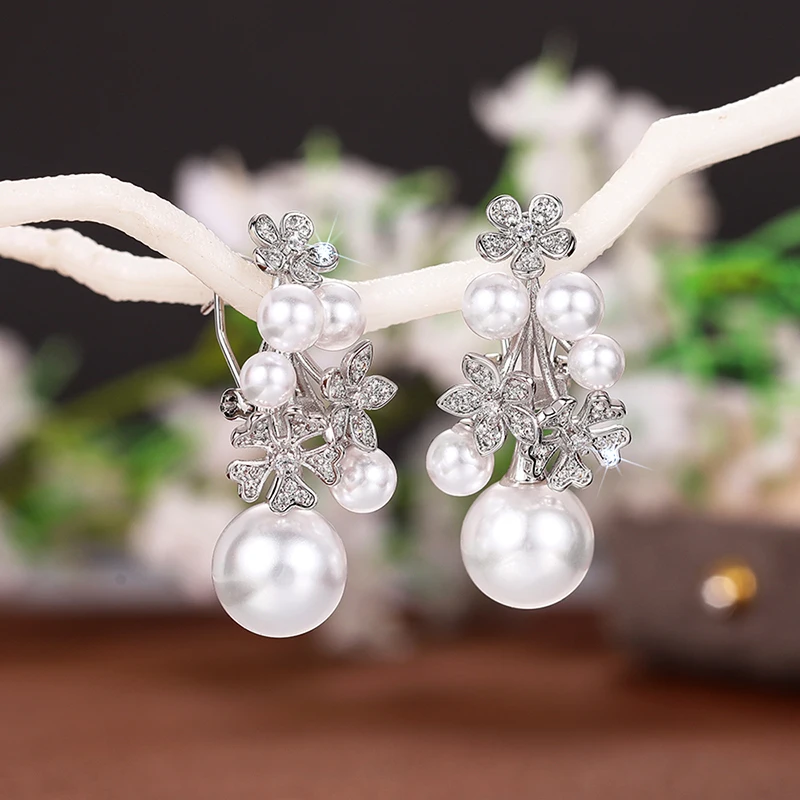 Huitan Luxury Aesthetic Pendant Earrings Female Wedding Party Jewelry with Simulated Pearl Flower Accessories for Engagement