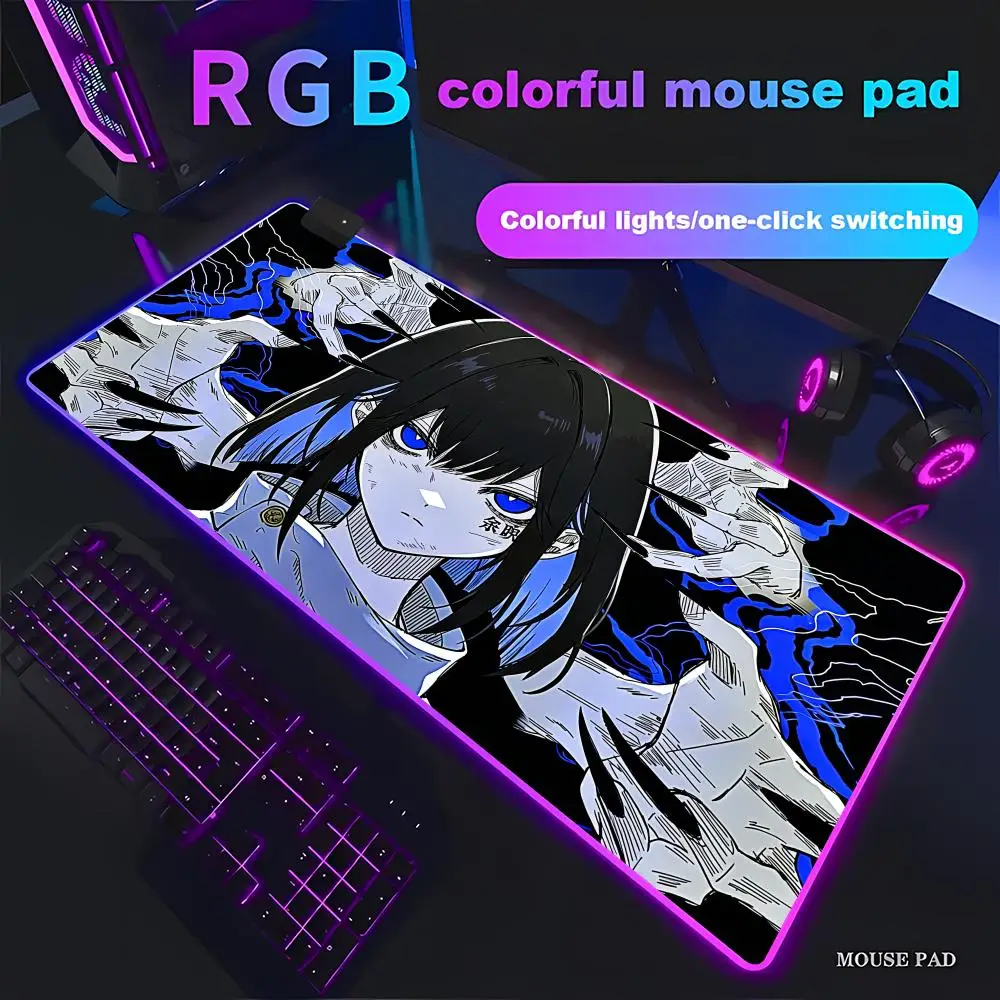 

HYBXAXC Desk Mat Thick Locking Edge Blue Lightning Dark Anime Girl Style RGB Gaming Mouse Pad HD Gamer Large LED Light XXL PC