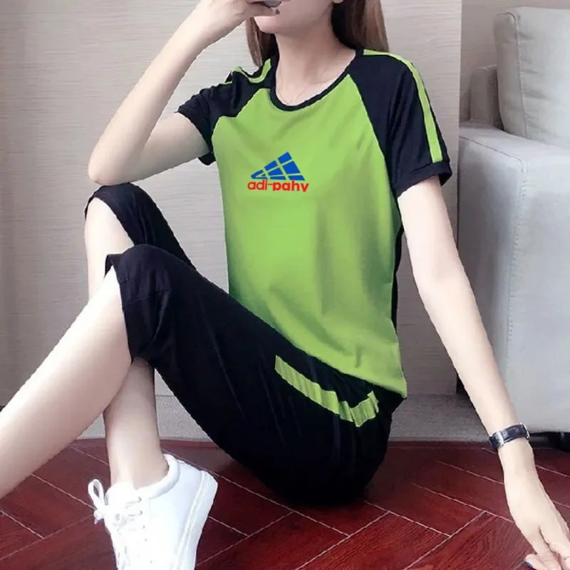 Casual sports suit for women summer new fashion loose short-sleeved cropped pants plus size running suit two-piece set