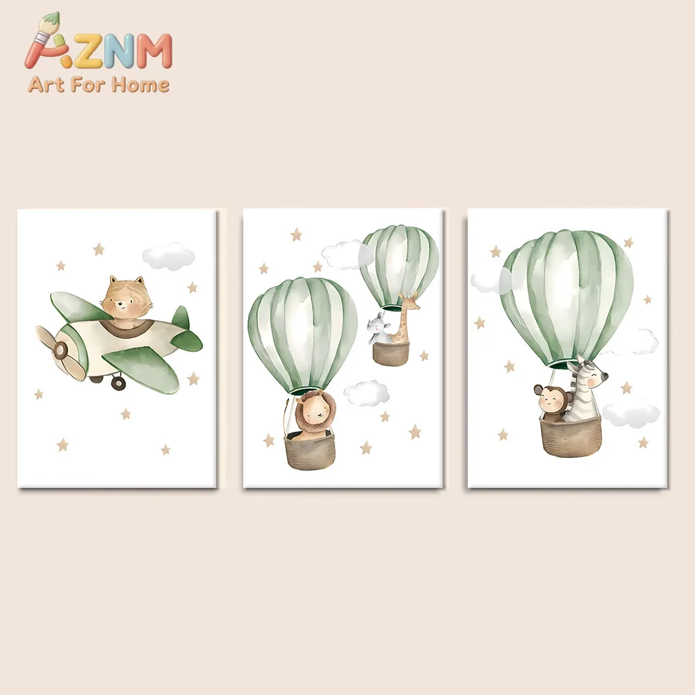 AZNM Watercolor Hot Air Balloon Airplane Animal Canvas Wall Art Lion Giraffe Zebra Monkey Frameless Canvas Painting Nursery Kids