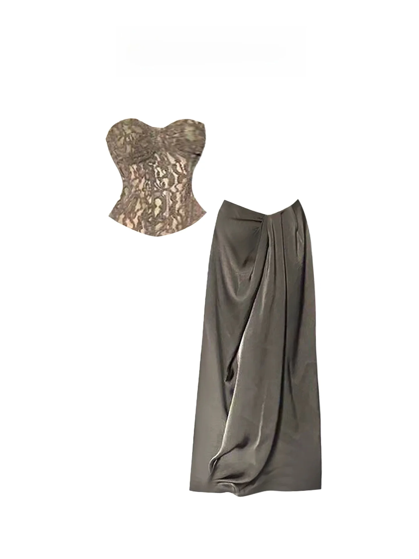 

HEZA Heavyweight Lace Fibone Top And Skirt Set Women's Summer Design Sense Satin Drapey f Skirt Ensemble Faionable plu...