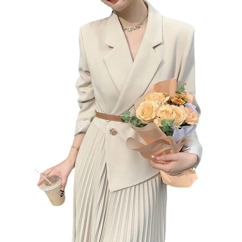 Office Lady Temperament Long Dress 2024 Spring Autumn Waist-Tight Slimming Suit Neck Coat Patchwork Pleated Dress for Women