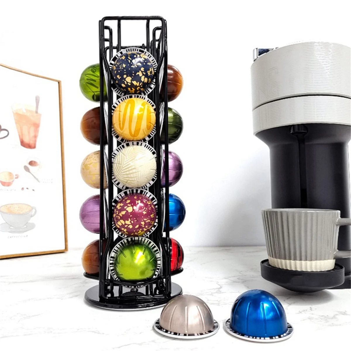 20-Pack Coffee Organizer Display Rack Iron Art Vertuo Pods Coffee Pod Holder for Vertuoline Stand Rack,Silver