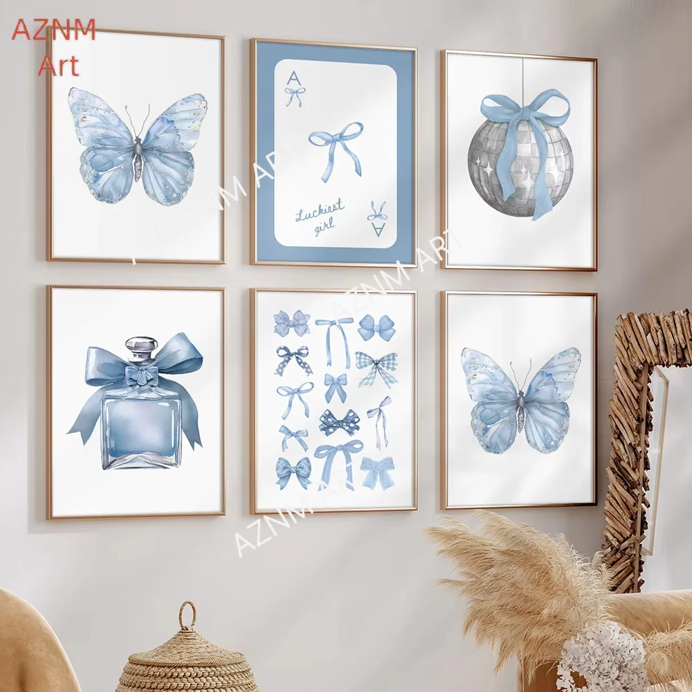 Bowknot Fashion Perfume Wall Art Balloon Puppy Canvas Painting Picture Trendy Blue Butterfly Poster Girl BedRoom Decoration