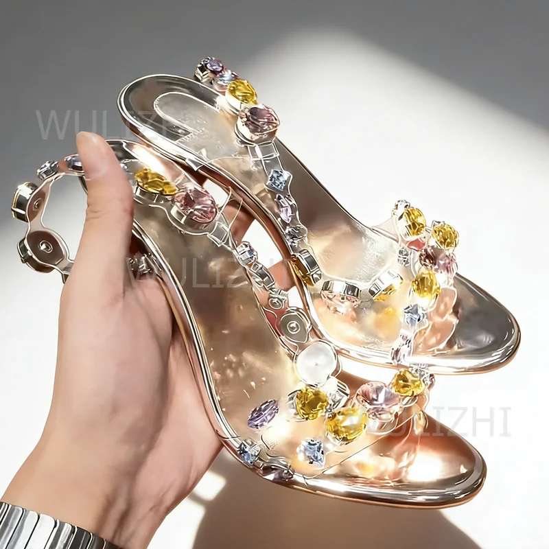 

Colorful Gemstone Crystal Silver Sandals Girls Gold Leather Lace Beaded Heels Sexy Open Heel Buckle Diamond Luxury Evening Shoes