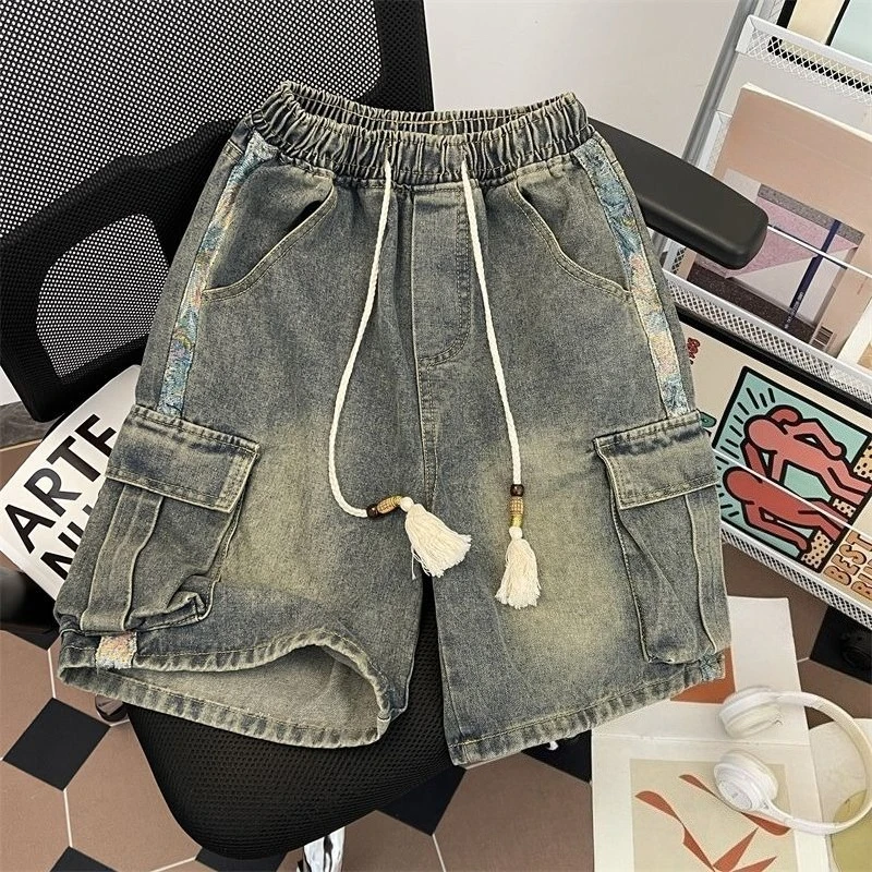 Multi-Pocket Cargo Denim Shorts for Men Summer Season Lightweight Baggy Fit Trendy Chinese Style American Vintage Mid-Length