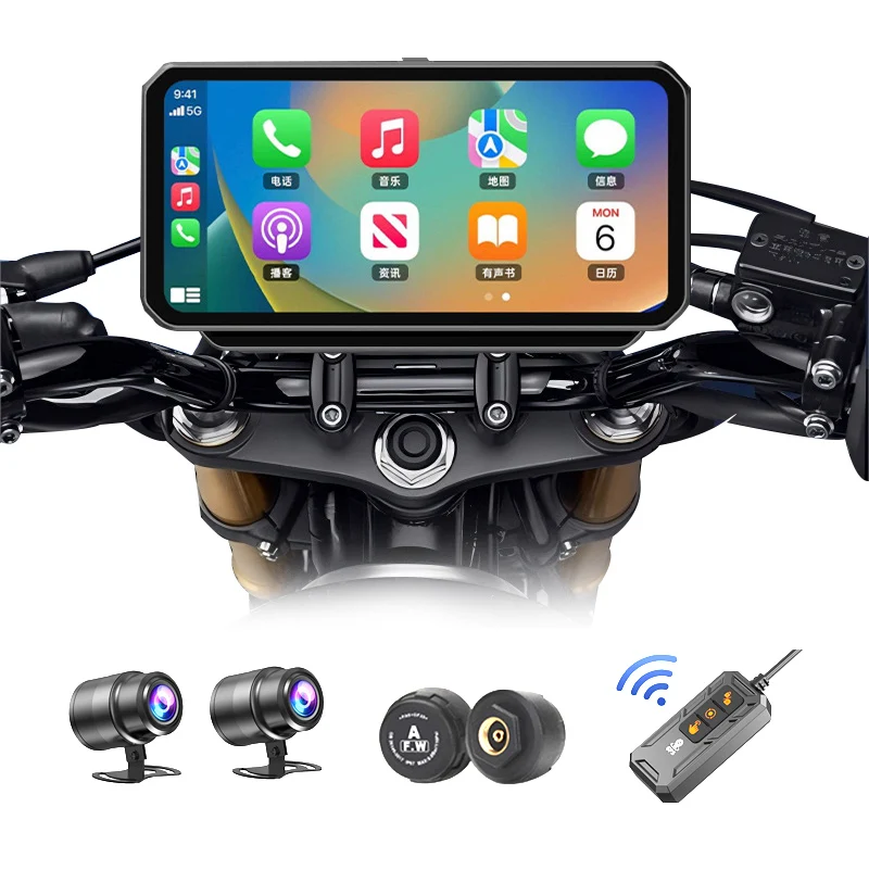 

Waterproof 6.23 Inch Touch Screen Motorbike GPS Navigation Wireless CarPlay Android Auto For Motorcycle TPMS BSD DVR Recording