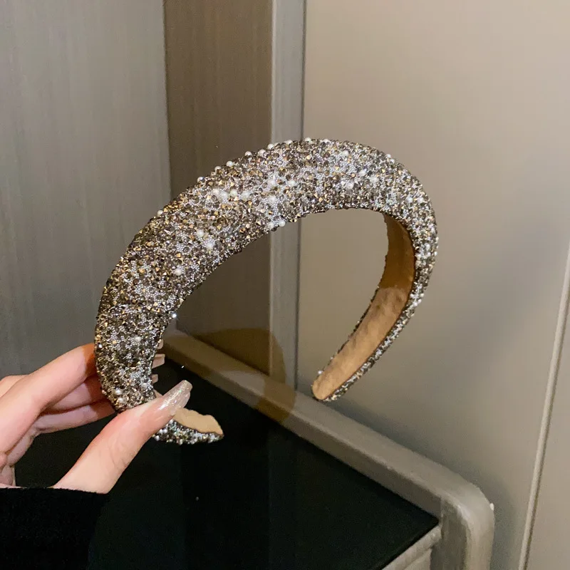 Shiny Rhinestone Imitation Pearl Headband Hair Accessories for Women Soft Sponge Hair Hoop High Skull Top Acrylic Hair Band F