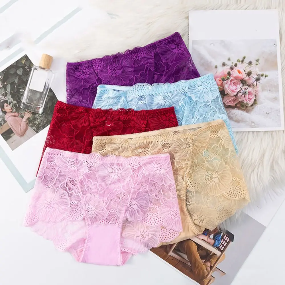 

4PCS Low Waist Lace Flower Panties Underpants Cotton Crotch Seamless Lace Briefs Ultra-thin Mesh Transparent Women Underwear