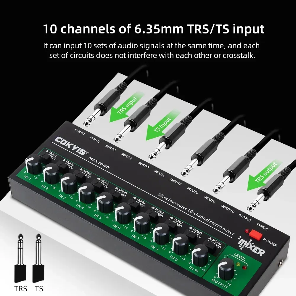10 Channel Audio Mixer Mini Low Noise Stereo Mono Line Mixer Professional DC5V Audio Processor for Guitar Bass Keyboard Stage