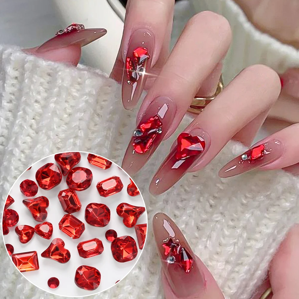 12Grid 3D Mutil-Shapes Shiny Red Diamond Nail Rhinestones SS6-SS16 Round Crystals Nail Gems Luxury Glass Nail Art Gems Decor Y5#