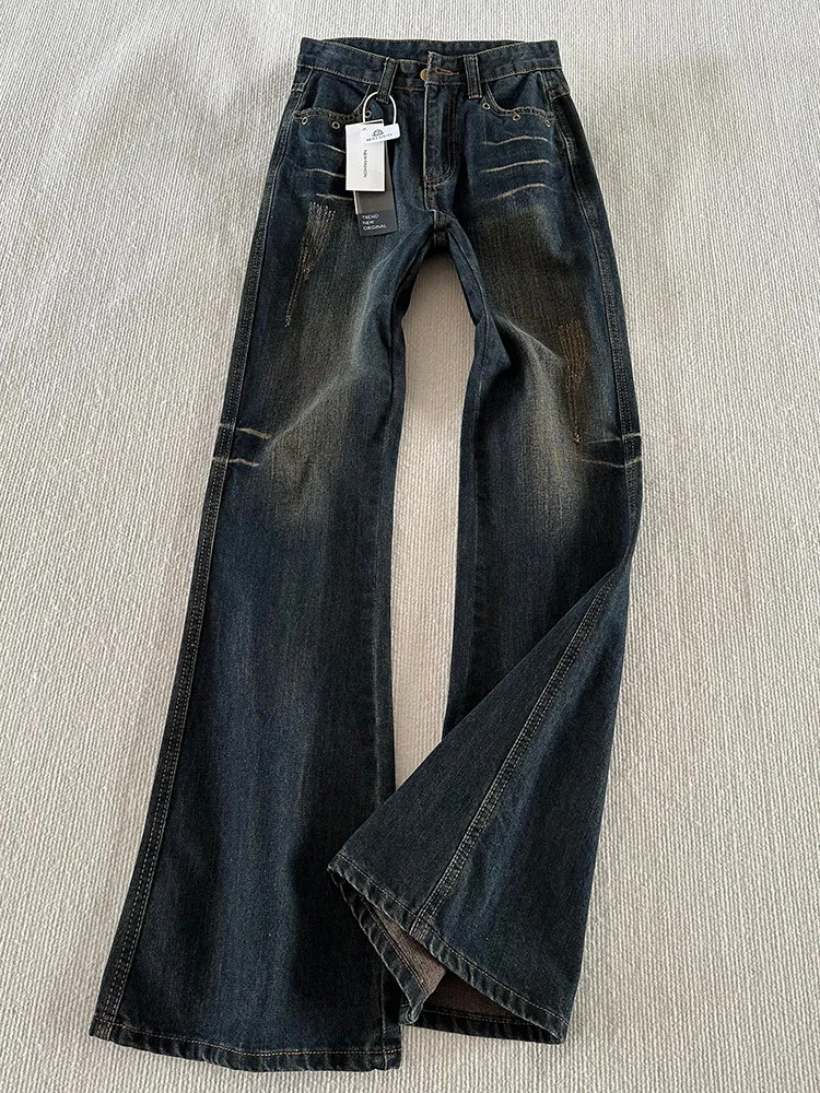 

Retro American Washed Blue Grey Claw Mark Jeans Women plus Size Slim Vibe Micro Flared Straight Leg Pants Casual High Waist Z...