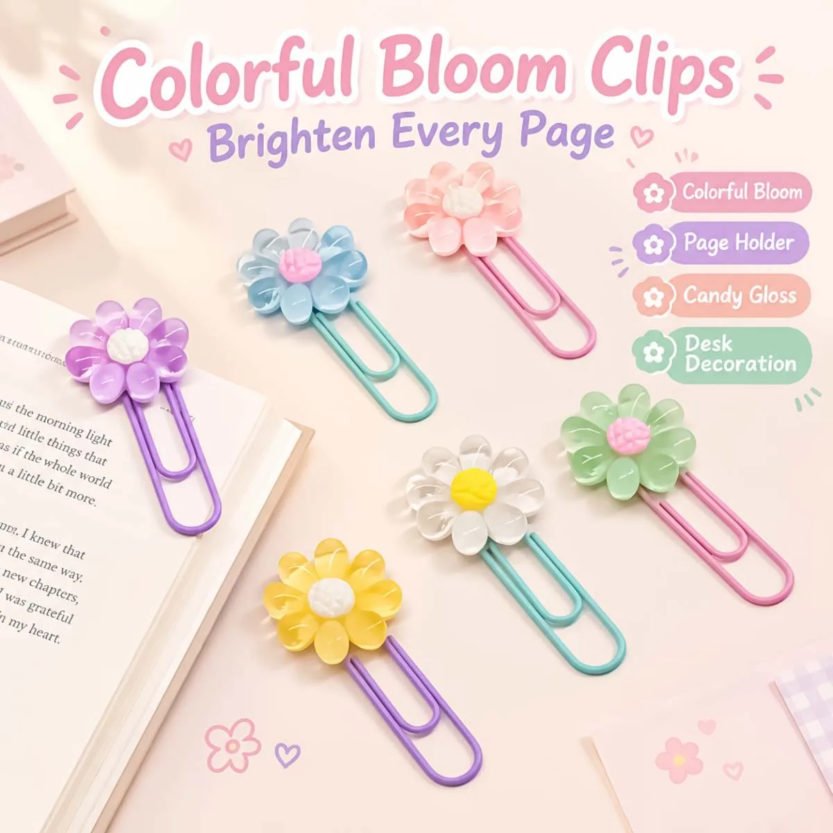 Transparent Sunflower Paper Clips, 4/6/12Pcs Random Color, Creative Flower Shaped Bookmark Clips for Office School Home