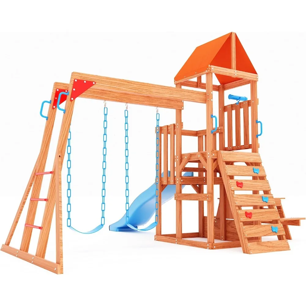 Wooden Swing Sets, Outdoor Playset for Kids with Monkey Bar, 2 in 1 Outdoor Table, Wave Slide, Climbing Wall, and 2 Belt Swings