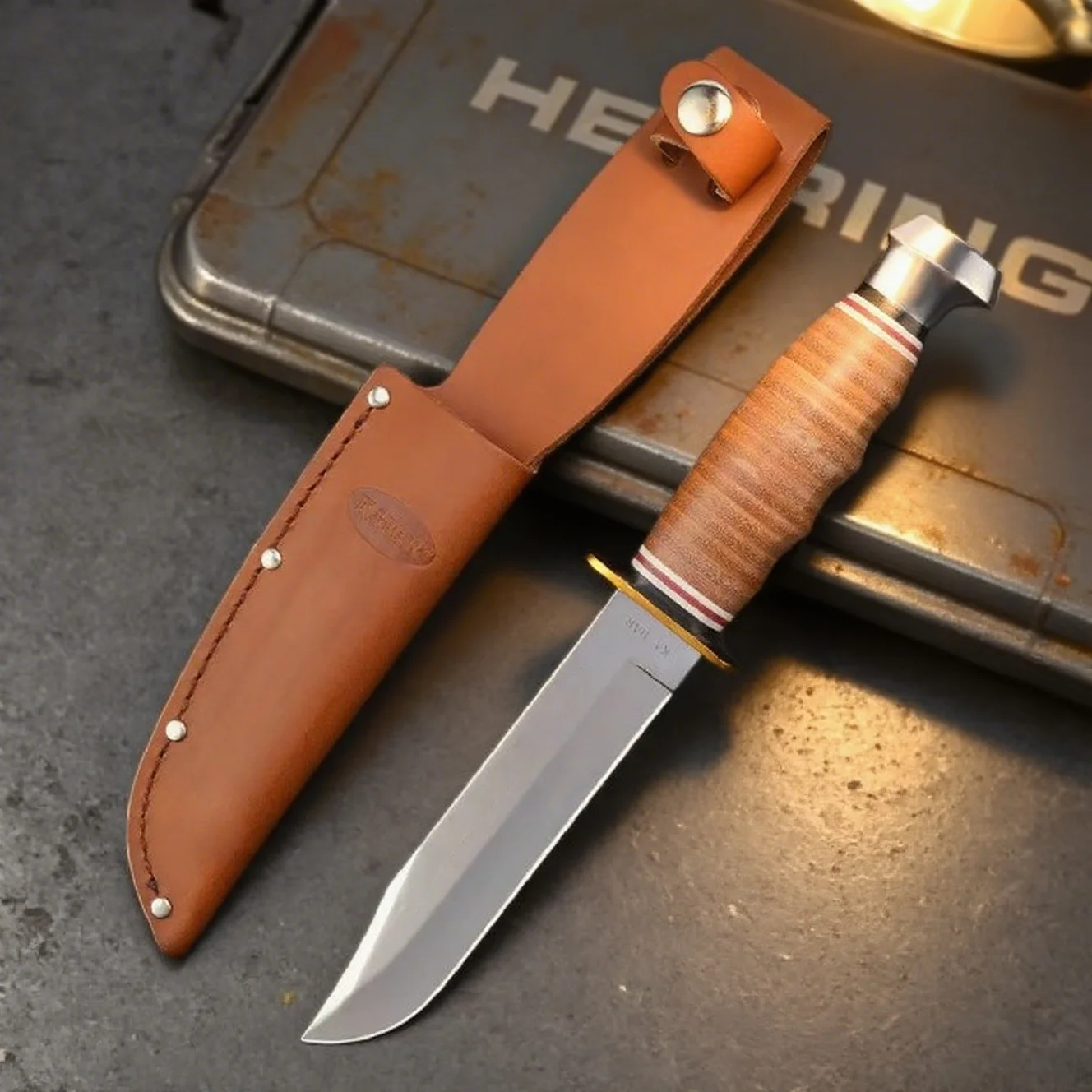 

KA1235- Ocean Hunter tough-guy style straight knife, cowhide round handle outdoor knife, hand-mirror-polished sharp knife