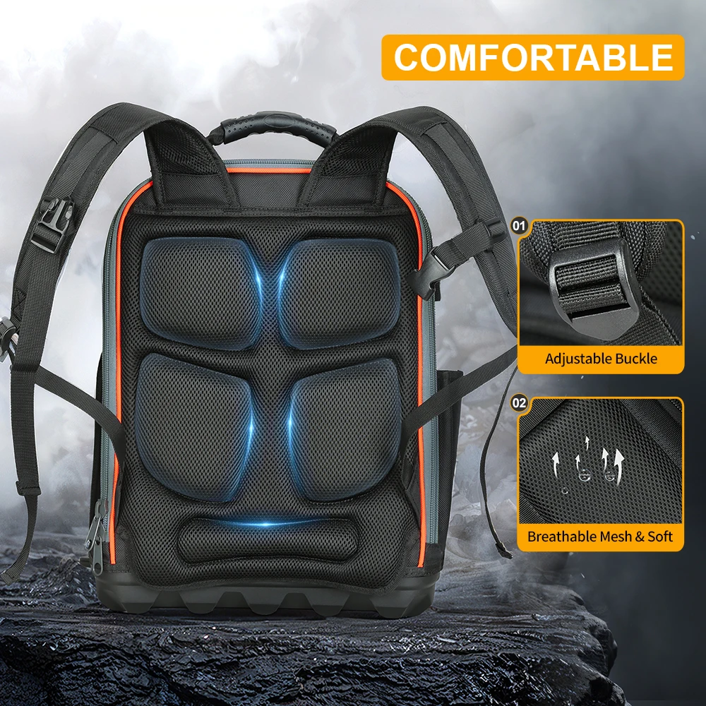 Tool Backpack Heavy Duty, Tool Bag Backpack with Laptop Compartment & Molded Base, 1680D Oxford, Multiple Pockets for Men