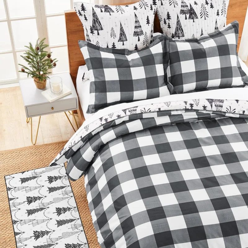 North Star Extra Large Bedding Set Holiday Pine Black and White Microfiber Zipper 3-Piece Bedding Set No Quilt