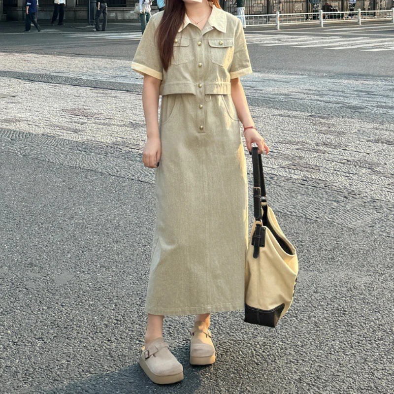 

Long Dress Women Dresses A Line Vestidos Two Fakes Y2k Streetwear Short Sleeve Elegant Splice Casual Loose Work Summer 2025