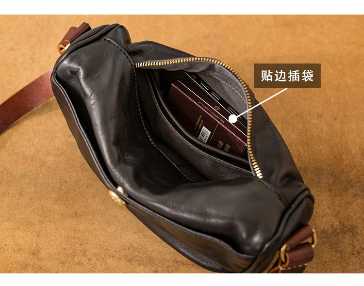 Handgefertigte Herren-Umhängetasche aus echtem Leder, modische Outdoor- und Alltagstasche, schwarze Crossbody-Tasche aus Kuhleder – Detail 3