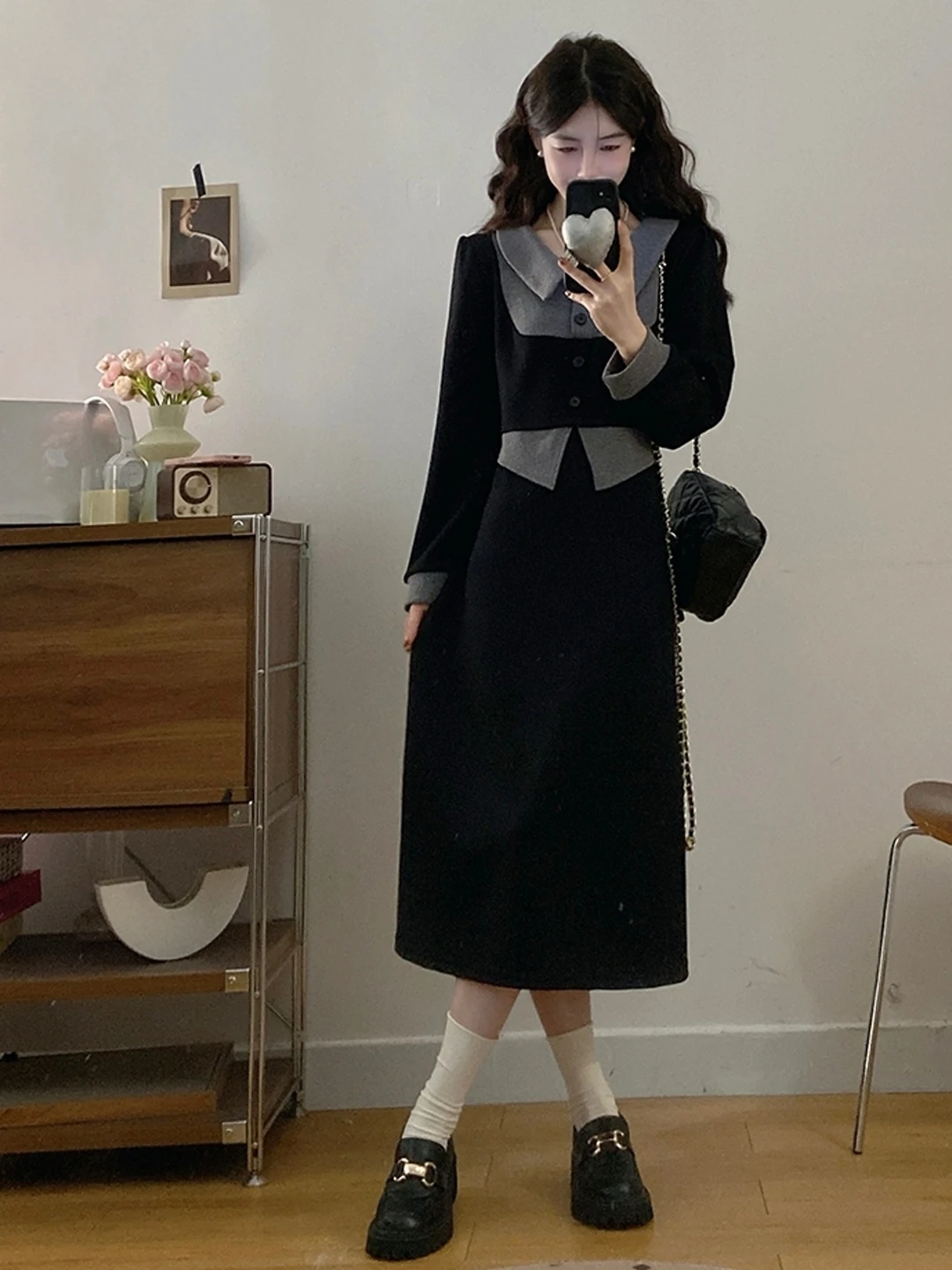 Slimming Effect  Neck Dress Women's Spring Autumn plus Size Patchwork Long Skirt Korean Style Commute Natural Waist Polye...