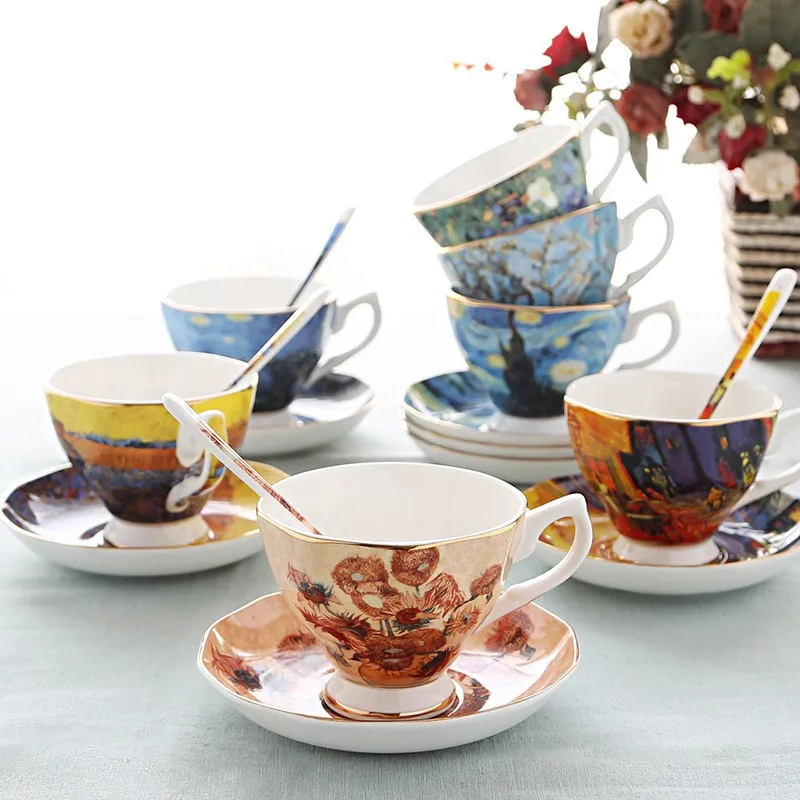 Van Gogh Art Painting Coffee Mugs Saucer Dish Spoon The Starry Night Sunflower The Sower Irises SaintRemy Coffee Tea Cups Suit