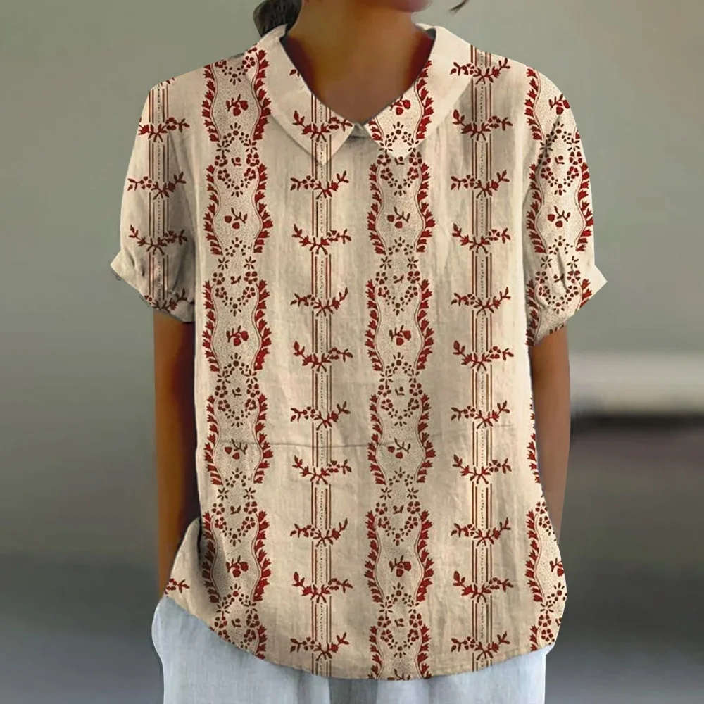

Women's Summer New Top Fashionable Chinese Bamboo And Hemp Printed Casual Comfortable Collar Short Sleeve Shirt Women's Blouses