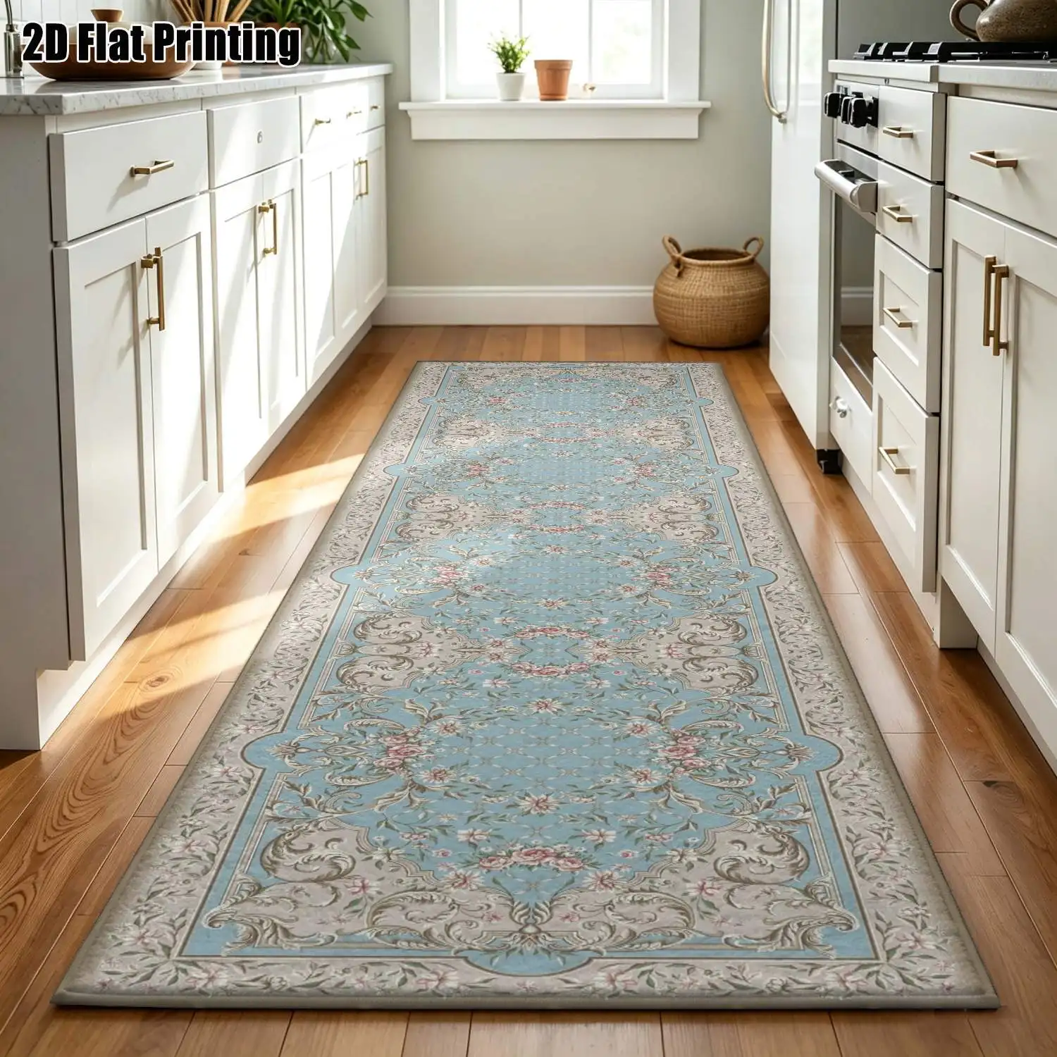 1Pc 2D Printed Long Strip Runner Carpets: Blue Floral, European, Bohemian, Geometric Striped, Retro Styles, Home Decor, Multi-Size, Machine Washable, Suitable for Entrance, Hallway, Living Room, Bedroom