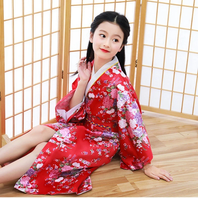 Children Kimono Traditional Japanese Style Floral Yukata Dress Kids Obi Vintage Samurai Halloween Cosply Costume Haori Outfit