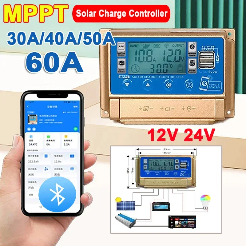 MPPT 30A Solar Charge Controller 12V 24V High Definition LCD Digital Display Screen Bluetooth Solar Controller Regulator 50A 60A