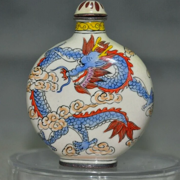 China bronze Cloisonne carved animal loong dragon Phoenix Bird snuff bottle