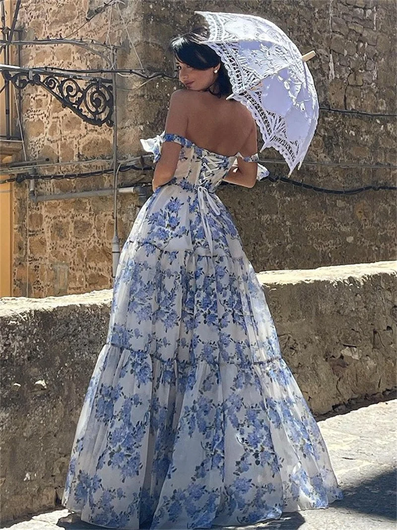 Elegante abito da sera da festa con stampa moda donna senza schienale senza maniche con cinturino per Spaghetti Maxi abiti da ballo a vita alta lunghezza del pavimento