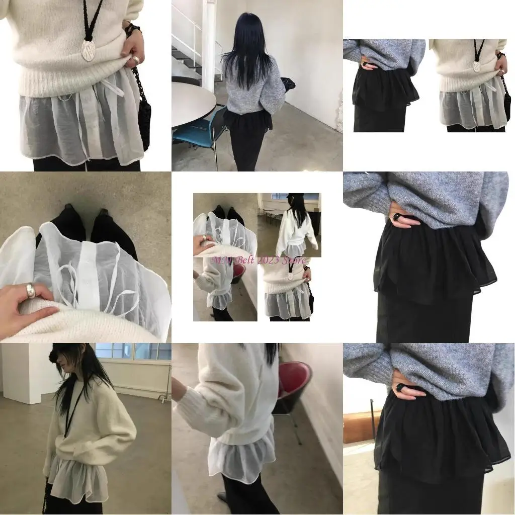 

49ME Drawstring Waist Layering Faux Top Lower Apron Skirt A-Line Mini Wrap Skirt Faux Hemline Shirt Extender for Women