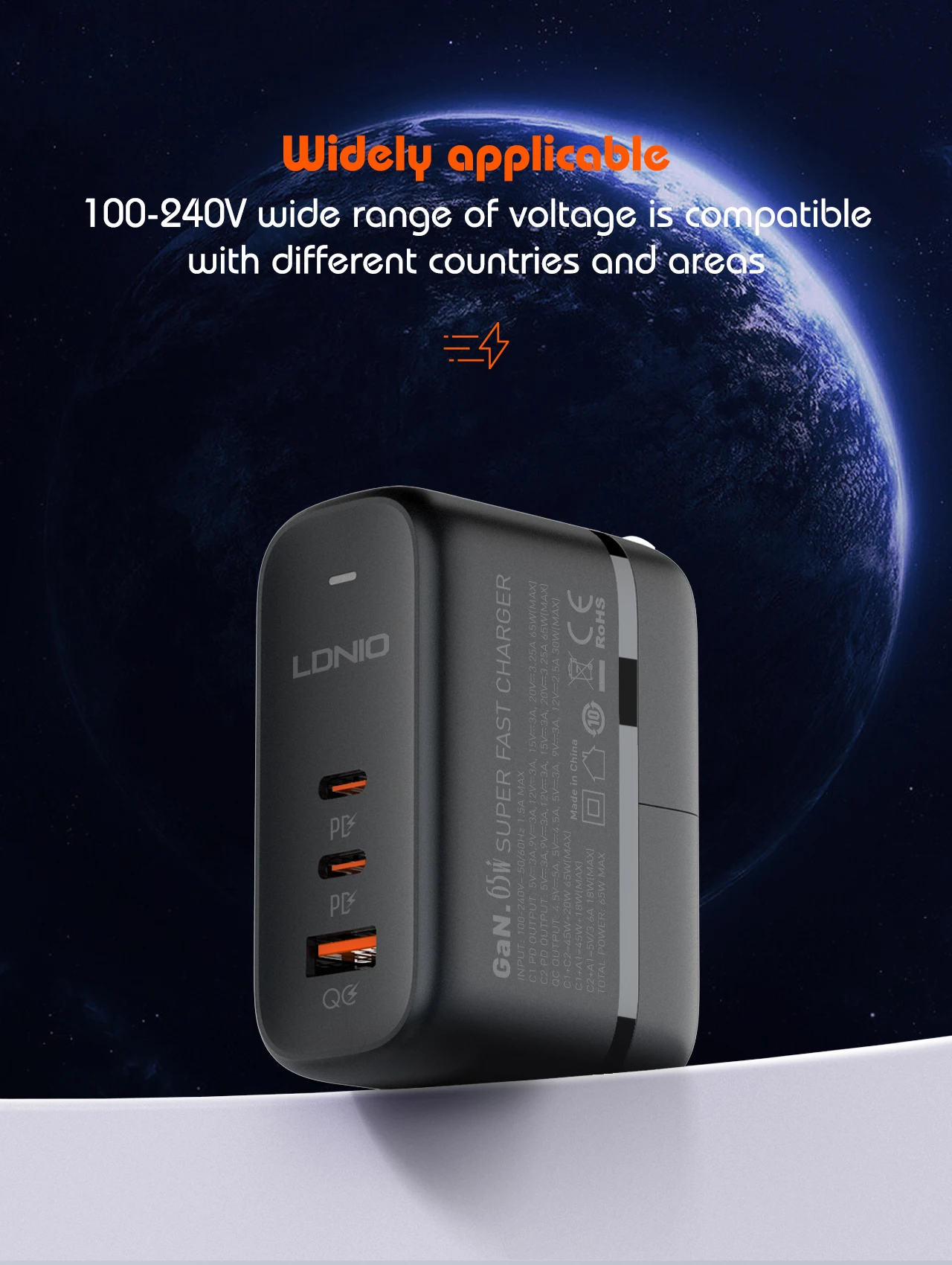 LDNIO GaN 65 W USB C Ladegerät Reiseladegerät PD QC Wandladegerät 3 Port Internationaler Steckeradapter EU UK US AU Reisesteckeradapter – Detail 15