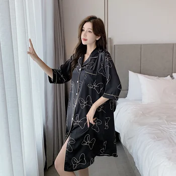 Stain Nachthemd für Damen, kurzärmelig, Frühling, Sommer, Schleife, Nachthemden und Sleepshirts, Damen-Nachtwäsche, Hemdknöpfe, Oberbekleidung, Pjs