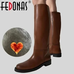 FEDONAS INS Women Knee High Boots Full Cow Leather Warm Boots Thick High Heels Motorcycle Boots Punk Shoes Woman High Boots