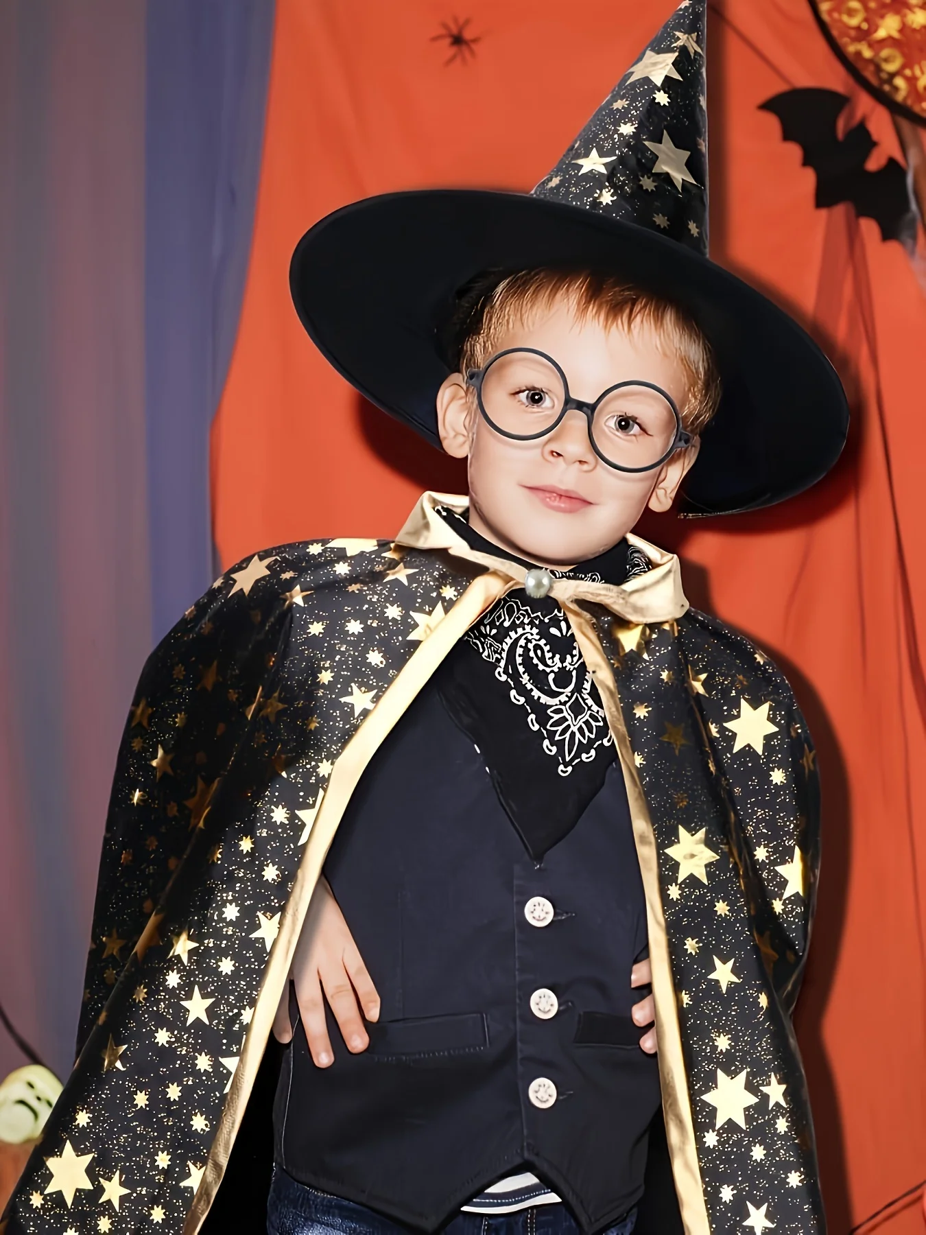 

Halloween Wizard Cape Cloak Hat Set Children Performance Costume Little Witch Magician Cosplay Star for Kids Boys Girls Adults